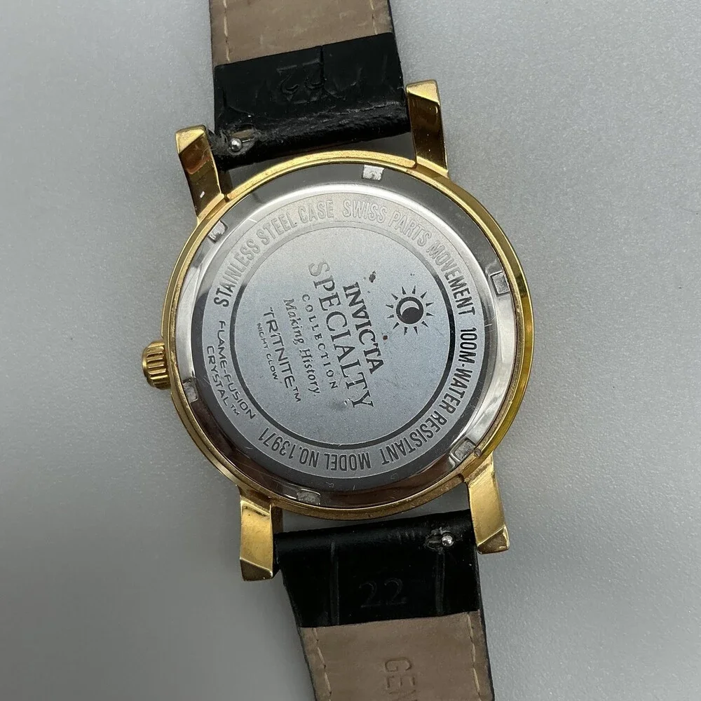 Invicta Specialty Trinity Mens Watch 42mm Gold Tone 13971 Leather New Battery